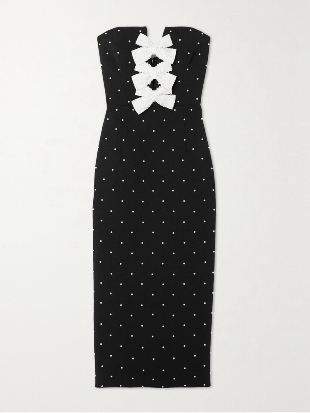 Rebecca Vallance Black Polka Dot Strapless Midi Dress with White Bows